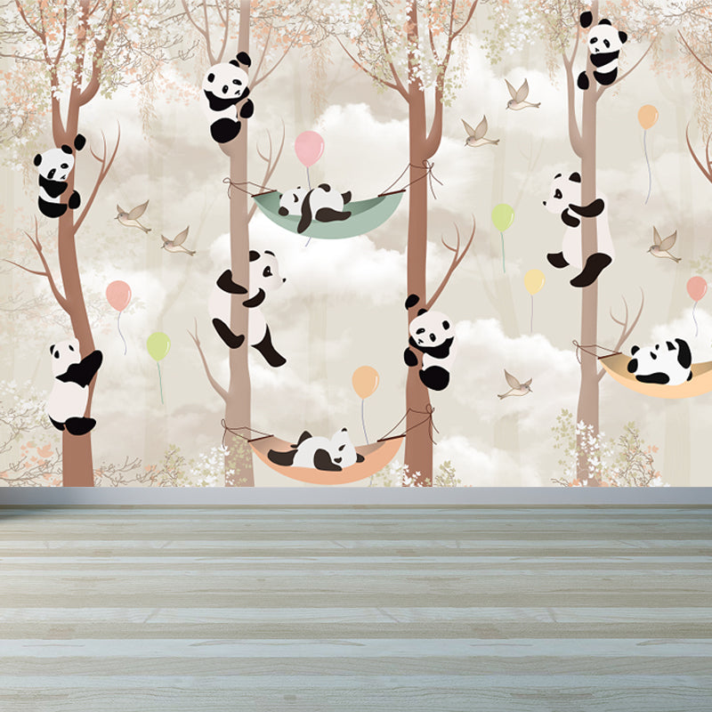 Whole Cartoon Mural Wallpaper Brown Panda Climbing Wall Decor, Personalized Size Clearhalo 'Wall Decor' 'Wall Mural' 1697604