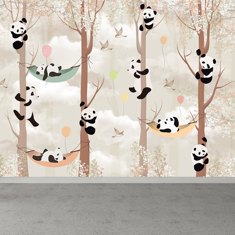 Whole Cartoon Mural Wallpaper Brown Panda Climbing Wall Decor, Personalized Size Clearhalo 'Wall Decor' 'Wall Mural' 1697605
