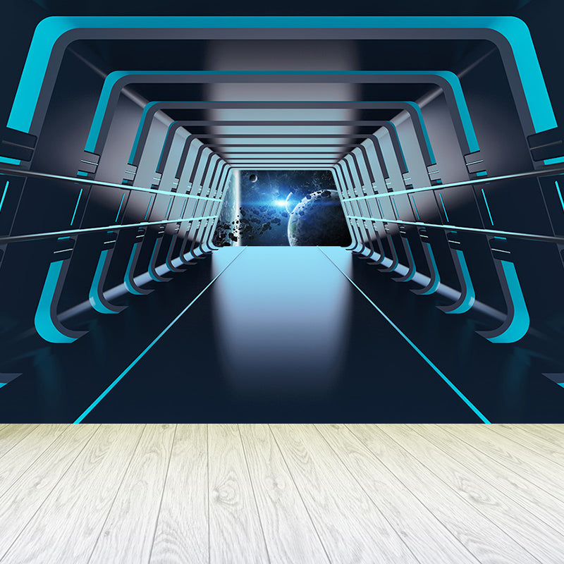 Futuristic Spaceship Hallway Mural Decal for Living Room Personalized Wall Art in Bright Color Blue Clearhalo 'Wall Decor' 'Wall Mural' 1697628
