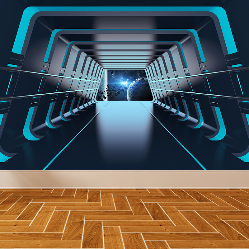 Futuristic Spaceship Hallway Mural Decal for Living Room Personalized Wall Art in Bright Color Clearhalo 'Wall Decor' 'Wall Mural' 1697629