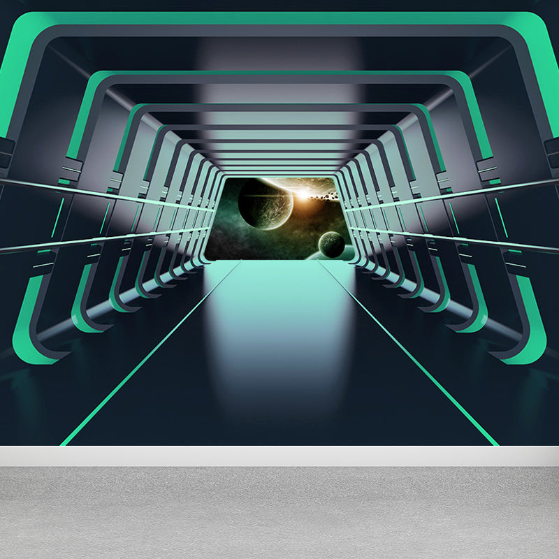 Futuristic Spaceship Hallway Mural Decal for Living Room Personalized Wall Art in Bright Color Green Clearhalo 'Wall Decor' 'Wall Mural' 1697633