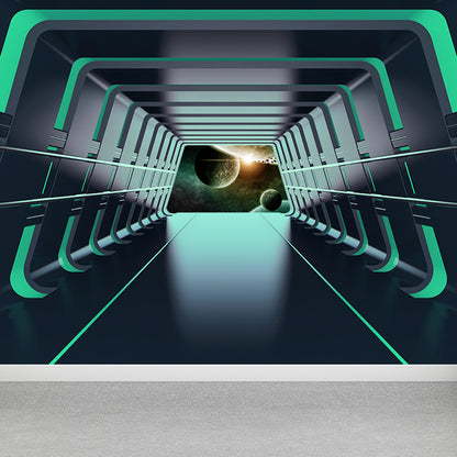 Futuristic Spaceship Hallway Mural Decal for Living Room Personalized Wall Art in Bright Color Green Clearhalo 'Wall Decor' 'Wall Mural' 1697633