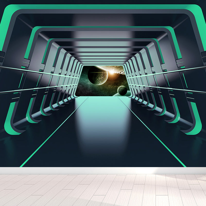 Futuristic Spaceship Hallway Mural Decal for Living Room Personalized Wall Art in Bright Color Clearhalo 'Wall Decor' 'Wall Mural' 1697634