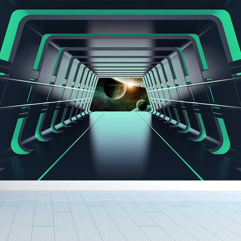 Futuristic Spaceship Hallway Mural Decal for Living Room Personalized Wall Art in Bright Color Clearhalo 'Wall Decor' 'Wall Mural' 1697635