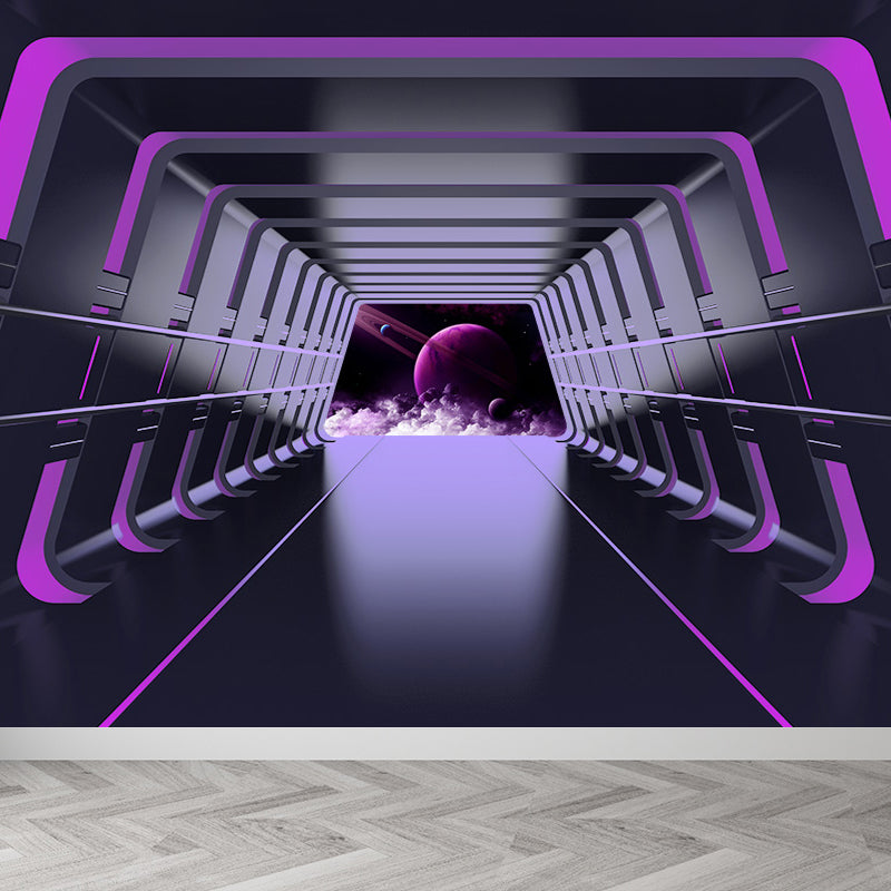 Futuristic Spaceship Hallway Mural Decal for Living Room Personalized Wall Art in Bright Color Purple Clearhalo 'Wall Decor' 'Wall Mural' 1697638