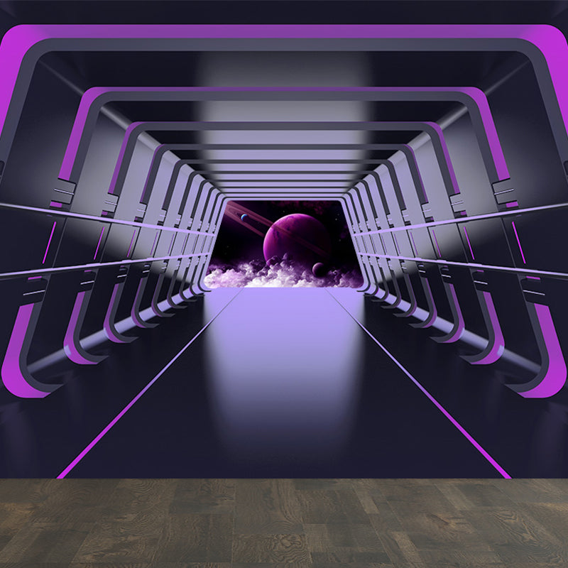 Futuristic Spaceship Hallway Mural Decal for Living Room Personalized Wall Art in Bright Color Clearhalo 'Wall Decor' 'Wall Mural' 1697640