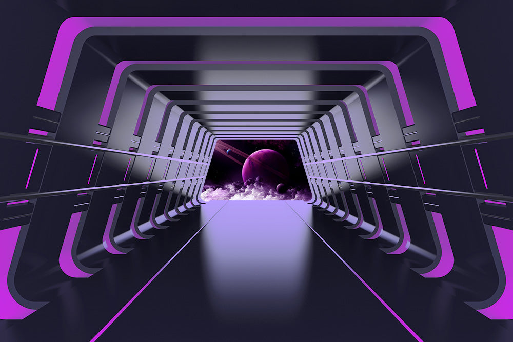 Futuristic Spaceship Hallway Mural Decal for Living Room Personalized Wall Art in Bright Color Clearhalo 'Wall Decor' 'Wall Mural' 1697641