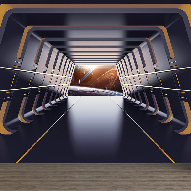 Futuristic Spaceship Hallway Mural Decal for Living Room Personalized Wall Art in Bright Color Yellow Clearhalo 'Wall Decor' 'Wall Mural' 1697643