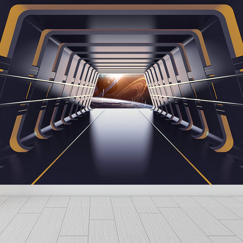 Futuristic Spaceship Hallway Mural Decal for Living Room Personalized Wall Art in Bright Color Clearhalo 'Wall Decor' 'Wall Mural' 1697644