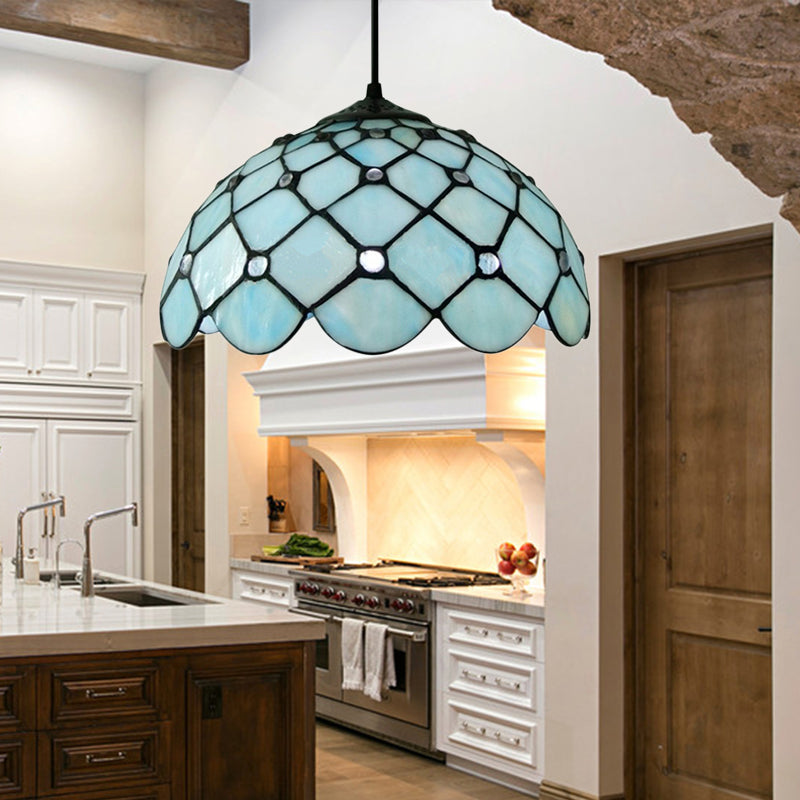 Jewel Hanging Light Fixture Mediterranean Blue Glass 1 Light Suspension Pendant with Cord/Chain for Kitchen Island Clearhalo 'Ceiling Lights' 'Industrial' 'Middle Century Pendants' 'Pendant Lights' 'Pendants' 'Tiffany close to ceiling' 'Tiffany Pendants' 'Tiffany' Lighting' 169777