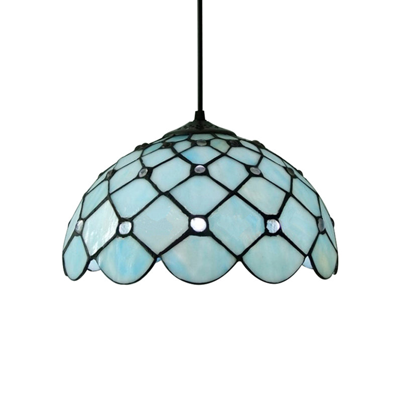 Jewel Hanging Light Fixture Mediterranean Blue Glass 1 Light Suspension Pendant with Cord/Chain for Kitchen Island Clearhalo 'Ceiling Lights' 'Industrial' 'Middle Century Pendants' 'Pendant Lights' 'Pendants' 'Tiffany close to ceiling' 'Tiffany Pendants' 'Tiffany' Lighting' 169778