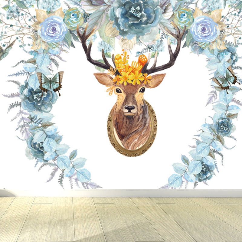 Stain Resistant Reindeer Mural Non-Woven Texture Modern Wall Decor for Girls Room Blue Clearhalo 'Wall Decor' 'Wall Mural' 1697780