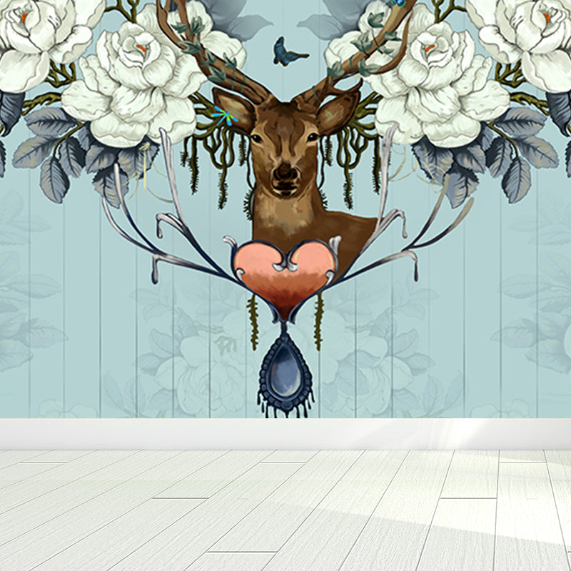 Stain Resistant Reindeer Mural Non-Woven Texture Modern Wall Decor for Girls Room Light Blue Clearhalo 'Wall Decor' 'Wall Mural' 1697785