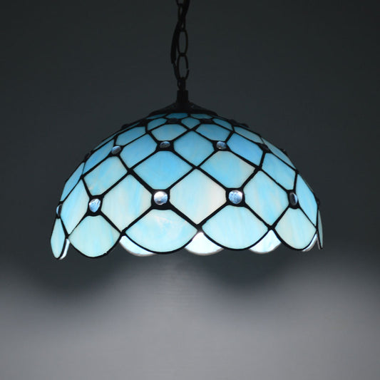 Jewel Hanging Light Fixture Mediterranean Blue Glass 1 Light Suspension Pendant with Cord/Chain for Kitchen Island Blue Chain Clearhalo 'Ceiling Lights' 'Industrial' 'Middle Century Pendants' 'Pendant Lights' 'Pendants' 'Tiffany close to ceiling' 'Tiffany Pendants' 'Tiffany' Lighting' 169781