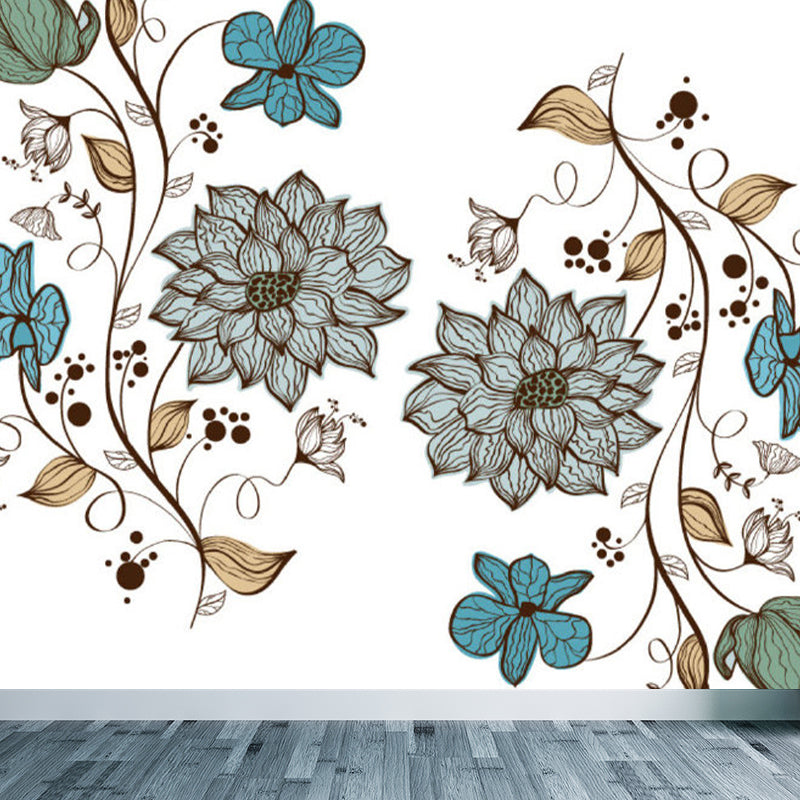 Contemporary Floral Print Mural Decal Blue Dining Room Wall Covering, Personalized Clearhalo 'Wall Decor' 'Wall Mural' 1697837