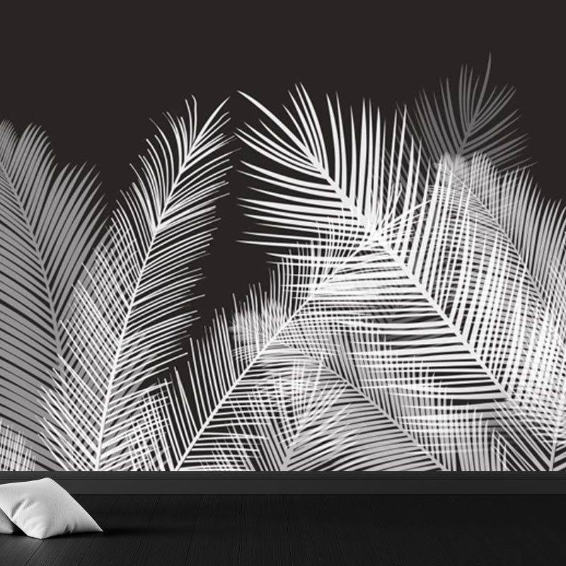 Areca Palm Leaves Mural Decal Tropix Non-Woven Cloth Wall Decor in White on Black White Clearhalo 'Wall Decor' 'Wall Mural' 1697990