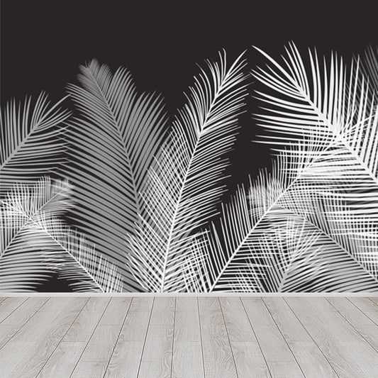 Areca Palm Leaves Mural Decal Tropix Non-Woven Cloth Wall Decor in White on Black