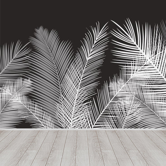 Areca Palm Leaves Mural Decal Tropix Non-Woven Cloth Wall Decor in White on Black Clearhalo 'Wall Decor' 'Wall Mural' 1697991