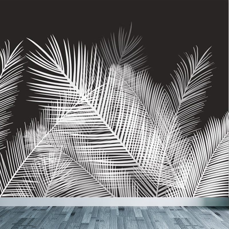 Areca Palm Leaves Mural Decal Tropix Non-Woven Cloth Wall Decor in White on Black Clearhalo 'Wall Decor' 'Wall Mural' 1697992