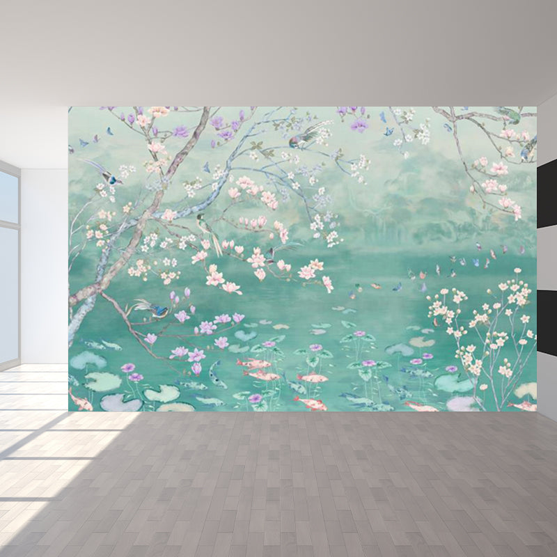 Spring Blossom Lotus Pond Mural Contemporary Waterproof Bedroom Wall Covering, Custom Made Green Clearhalo 'Wall Decor' 'Wall Mural' 1697995