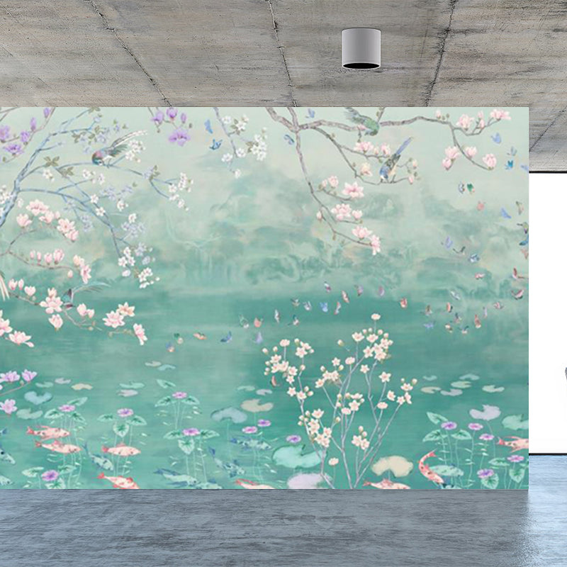 Spring Blossom Lotus Pond Mural Contemporary Waterproof Bedroom Wall Covering, Custom Made Clearhalo 'Wall Decor' 'Wall Mural' 1697996