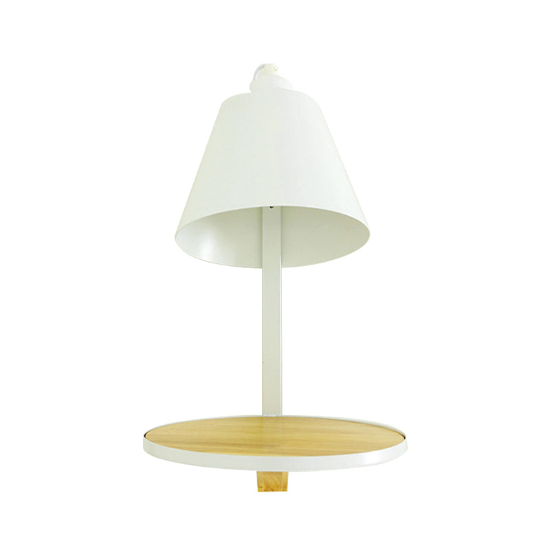 White/Gray Tapered Shade Wall Sconce Lamp Nordic Style 1-Light Metal Wall Lighting with Wooden Supporter Clearhalo 'Cast Iron' 'Glass' 'Industrial' 'Modern wall lights' 'Modern' 'Tiffany' 'Traditional wall lights' 'Wall Lamps & Sconces' 'Wall Lights' Lighting' 169800