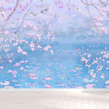 Spring Blossom Lotus Pond Mural Contemporary Waterproof Bedroom Wall Covering, Custom Made Purple Clearhalo 'Wall Decor' 'Wall Mural' 1698000