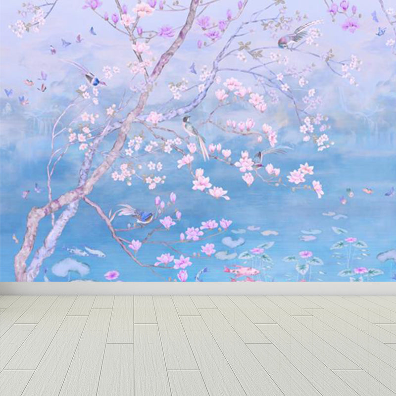 Spring Blossom Lotus Pond Mural Contemporary Waterproof Bedroom Wall Covering, Custom Made Clearhalo 'Wall Decor' 'Wall Mural' 1698001