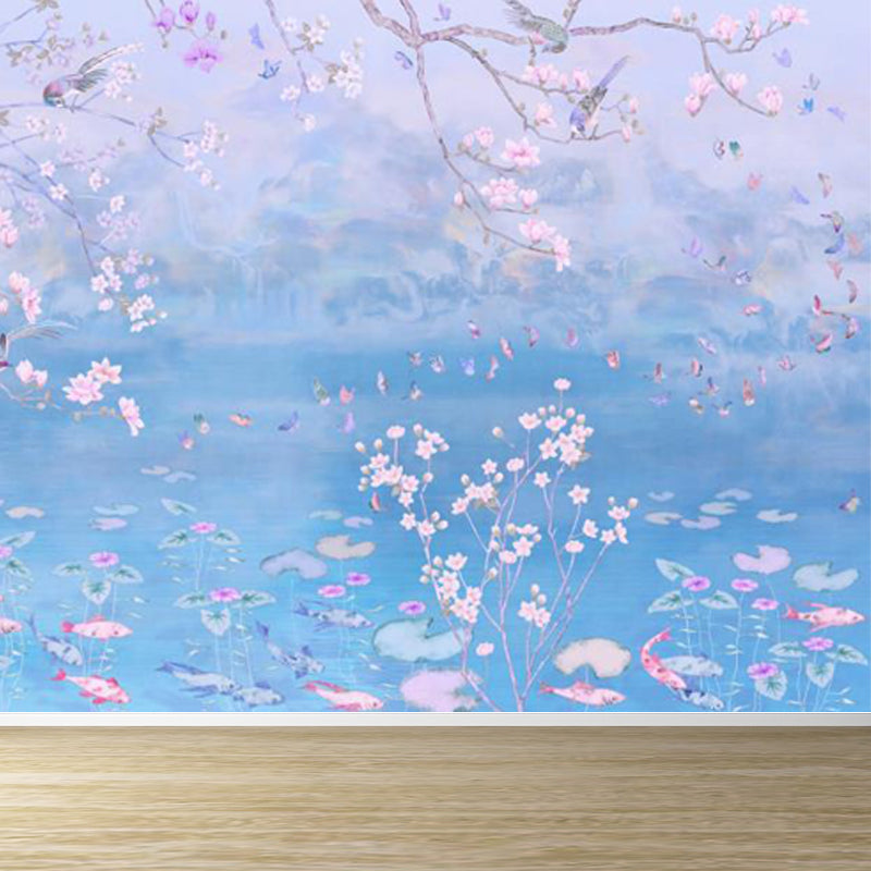 Spring Blossom Lotus Pond Mural Contemporary Waterproof Bedroom Wall Covering, Custom Made Clearhalo 'Wall Decor' 'Wall Mural' 1698002