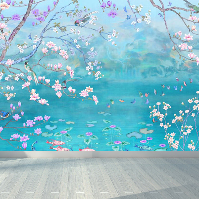 Spring Blossom Lotus Pond Mural Contemporary Waterproof Bedroom Wall Covering, Custom Made Blue Clearhalo 'Wall Decor' 'Wall Mural' 1698005