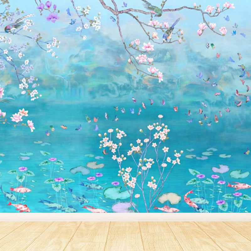 Spring Blossom Lotus Pond Mural Contemporary Waterproof Bedroom Wall Covering, Custom Made Clearhalo 'Wall Decor' 'Wall Mural' 1698007