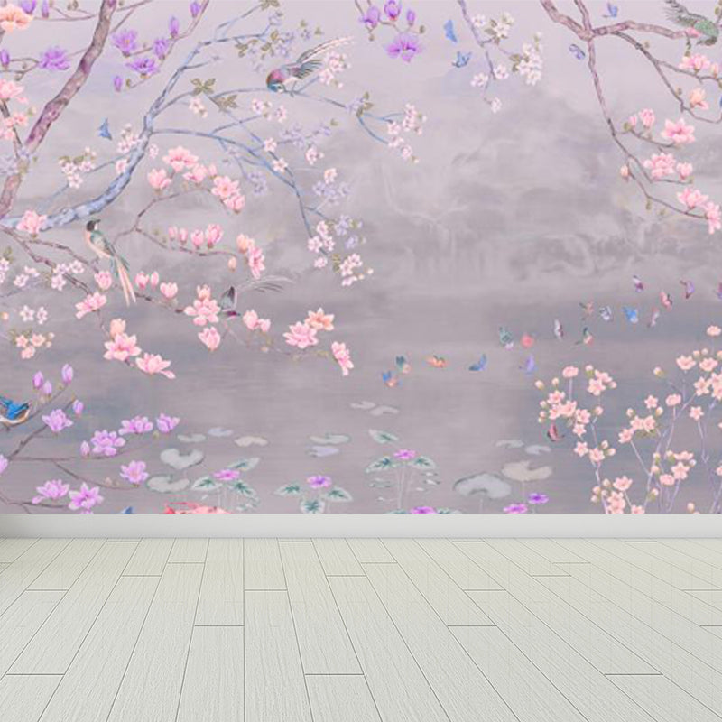 Spring Blossom Lotus Pond Mural Contemporary Waterproof Bedroom Wall Covering, Custom Made Pink Clearhalo 'Wall Decor' 'Wall Mural' 1698010