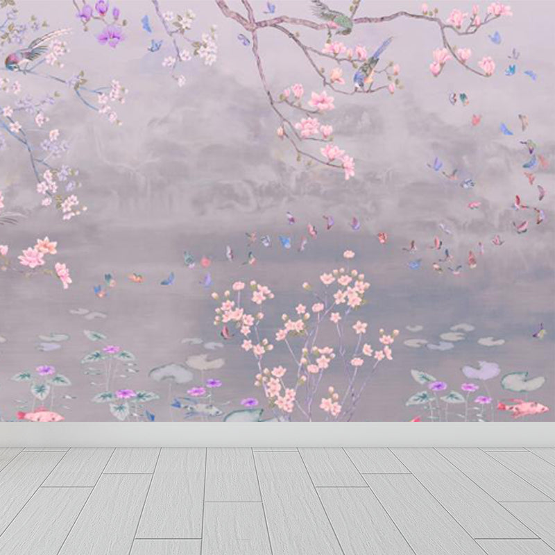 Spring Blossom Lotus Pond Mural Contemporary Waterproof Bedroom Wall Covering, Custom Made Clearhalo 'Wall Decor' 'Wall Mural' 1698012