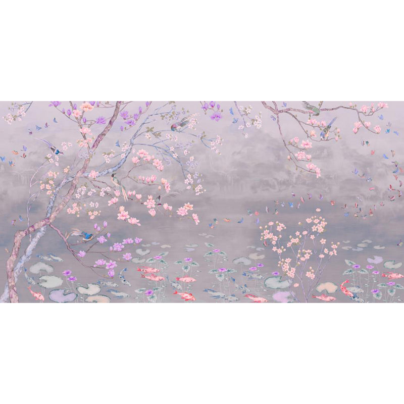 Spring Blossom Lotus Pond Mural Contemporary Waterproof Bedroom Wall Covering, Custom Made Clearhalo 'Wall Decor' 'Wall Mural' 1698013