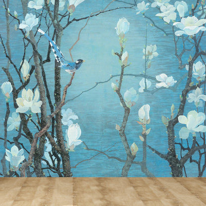 Blooming Magnolia Wallpaper Mural Modern Waterproof Bedroom Wall Decor, Custom Size Blue Clearhalo 'Wall Decor' 'Wall Mural' 1698025