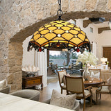 12"/16" W 1 Bulb Ceiling Pendant Light Tiffany-Style Domed Handcrafted Stained Glass Suspension Lighting in Beige Beige 12" Clearhalo 'Ceiling Lights' 'Industrial' 'Middle Century Pendants' 'Pendant Lights' 'Pendants' 'Tiffany close to ceiling' 'Tiffany Pendants' 'Tiffany' Lighting' 169813