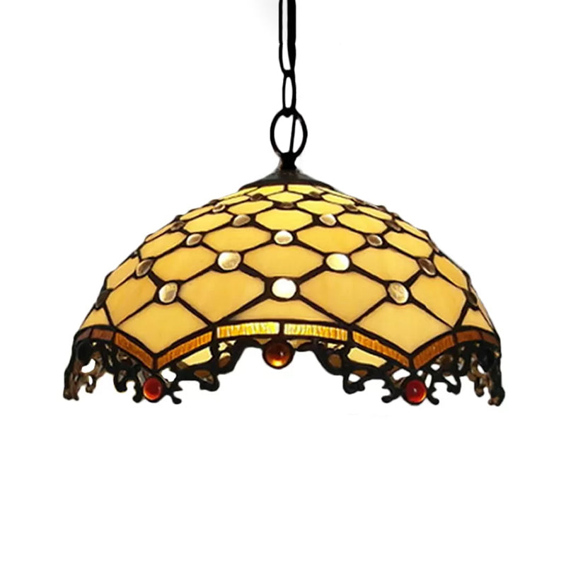 12"/16" W 1 Bulb Ceiling Pendant Light Tiffany-Style Domed Handcrafted Stained Glass Suspension Lighting in Beige Clearhalo 'Ceiling Lights' 'Industrial' 'Middle Century Pendants' 'Pendant Lights' 'Pendants' 'Tiffany close to ceiling' 'Tiffany Pendants' 'Tiffany' Lighting' 169815