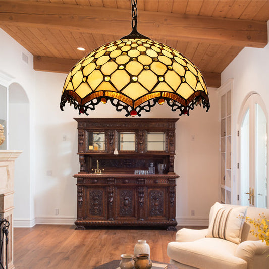 12"/16" W 1 Bulb Ceiling Pendant Light Tiffany-Style Domed Handcrafted Stained Glass Suspension Lighting in Beige Beige 16" Clearhalo 'Ceiling Lights' 'Industrial' 'Middle Century Pendants' 'Pendant Lights' 'Pendants' 'Tiffany close to ceiling' 'Tiffany Pendants' 'Tiffany' Lighting' 169818
