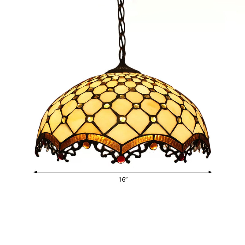 12"/16" W 1 Bulb Ceiling Pendant Light Tiffany-Style Domed Handcrafted Stained Glass Suspension Lighting in Beige Clearhalo 'Ceiling Lights' 'Industrial' 'Middle Century Pendants' 'Pendant Lights' 'Pendants' 'Tiffany close to ceiling' 'Tiffany Pendants' 'Tiffany' Lighting' 169821