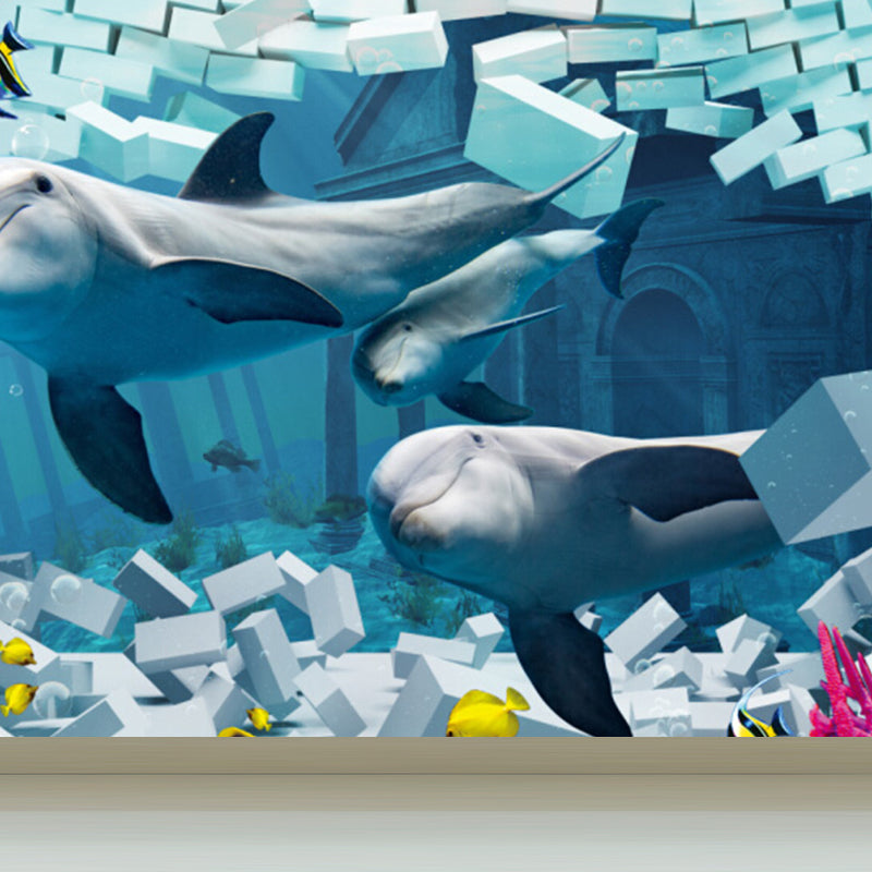 Diverting Underwater Dolphin Wall Mural Children's Art Non-Woven Material Wall Covering Blue Design 1 Clearhalo 'Wall Decor' 'Wall Mural' 1698269