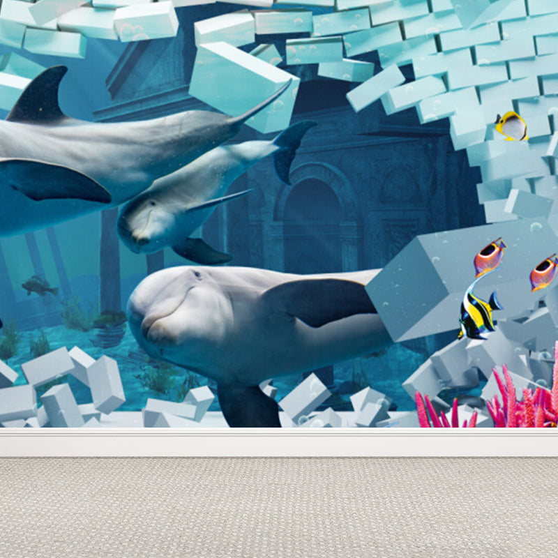 Diverting Underwater Dolphin Wall Mural Children's Art Non-Woven Material Wall Covering Clearhalo 'Wall Decor' 'Wall Mural' 1698270