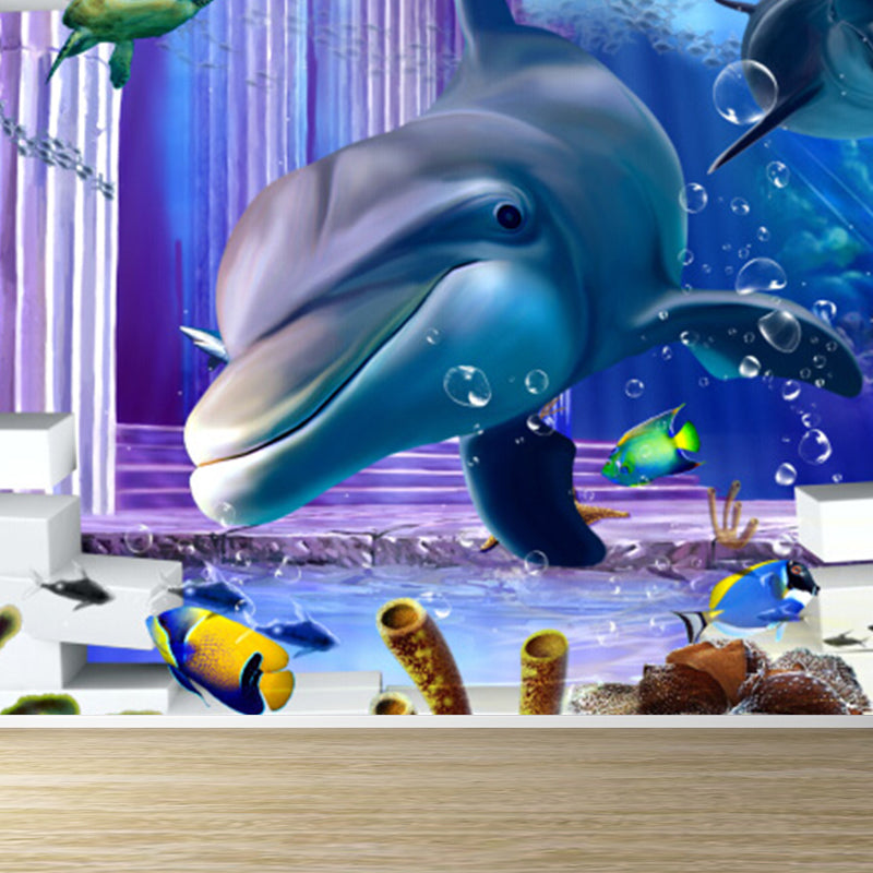 Diverting Underwater Dolphin Wall Mural Children's Art Non-Woven Material Wall Covering Blue Design 2 Clearhalo 'Wall Decor' 'Wall Mural' 1698274