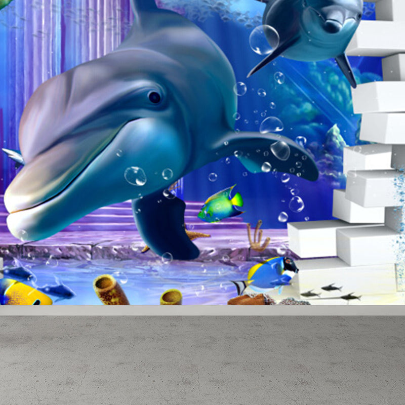 Diverting Underwater Dolphin Wall Mural Children's Art Non-Woven Material Wall Covering Clearhalo 'Wall Decor' 'Wall Mural' 1698275