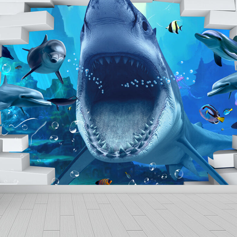 Diverting Underwater Dolphin Wall Mural Children's Art Non-Woven Material Wall Covering Blue Design 3 Clearhalo 'Wall Decor' 'Wall Mural' 1698279