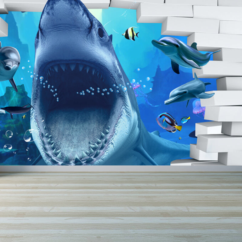 Diverting Underwater Dolphin Wall Mural Children's Art Non-Woven Material Wall Covering Clearhalo 'Wall Decor' 'Wall Mural' 1698280
