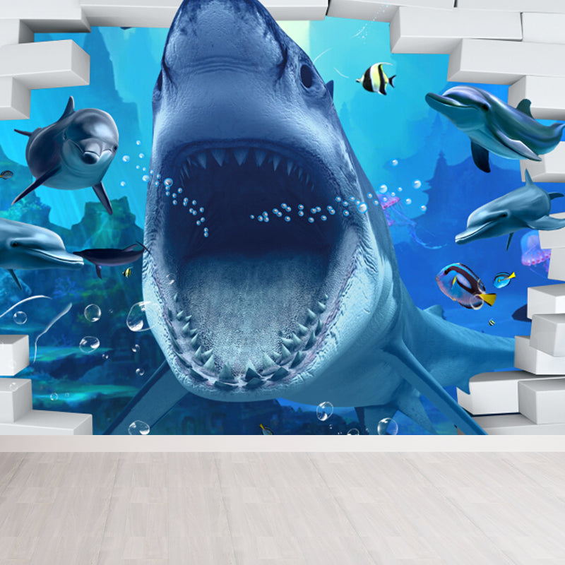 Diverting Underwater Dolphin Wall Mural Children's Art Non-Woven Material Wall Covering Clearhalo 'Wall Decor' 'Wall Mural' 1698281