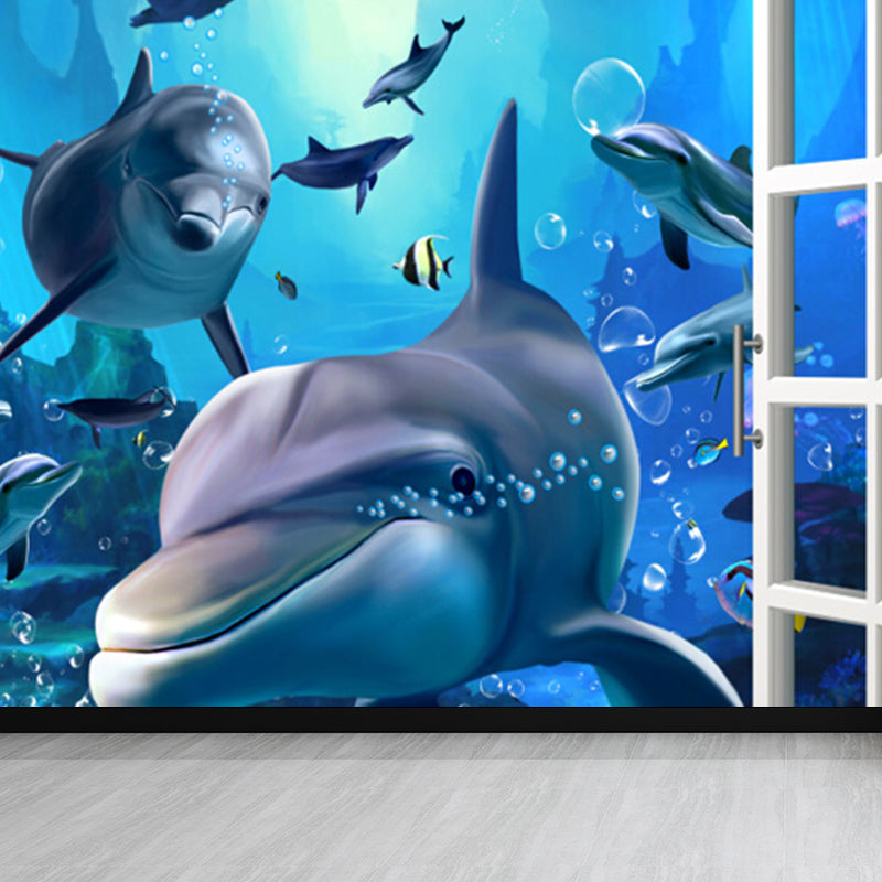 Diverting Underwater Dolphin Wall Mural Children's Art Non-Woven Material Wall Covering Blue Design 4 Clearhalo 'Wall Decor' 'Wall Mural' 1698284