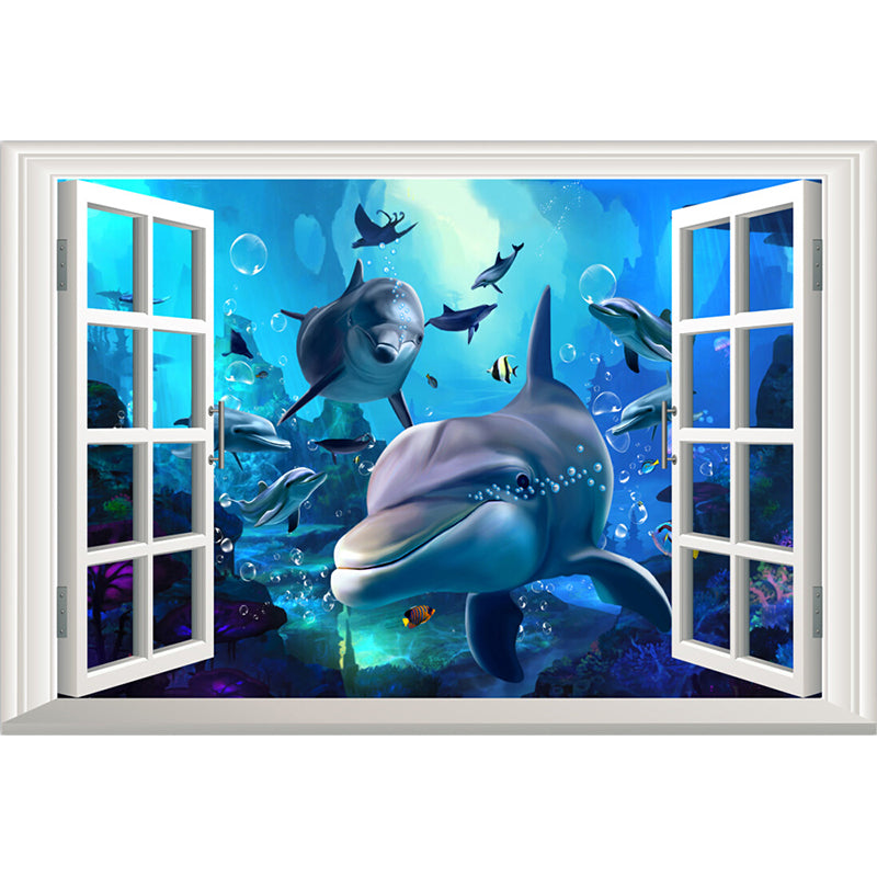 Diverting Underwater Dolphin Wall Mural Children's Art Non-Woven Material Wall Covering Clearhalo 'Wall Decor' 'Wall Mural' 1698287