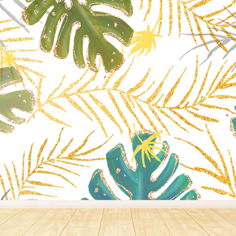 Pastel Color Tropical Mural Wallpaper Huge Palm Leaves Wall Decor for Living Room Gold Clearhalo 'Wall Decor' 'Wall Mural' 1698349