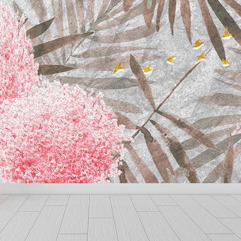 Pastel Color Tropical Mural Wallpaper Huge Palm Leaves Wall Decor for Living Room Pink Clearhalo 'Wall Decor' 'Wall Mural' 1698359